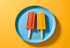Colorful popsicles on pink plate on yellow background photo