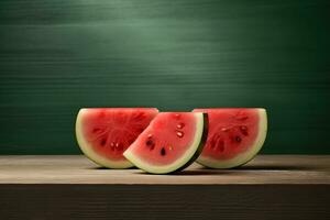 Sliced watermelon on wooden table and green chalkboard background ai generated photo