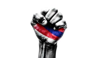 Flag of Costa Rica painted on male fist, strength, power, concept of conflict, isolated on white background ai generated photo