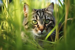 Beautiful cat in green grass on sunny day, closeup view ai generated photo