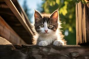 linda gatito acostado en el mesa en el jardín y mirando arriba ai generado foto