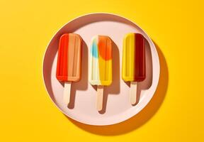 Colorful popsicles on pink plate on yellow background photo