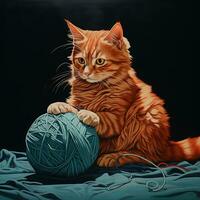 Cute ginger cat with a ball of yarn on a black background ai generated photo