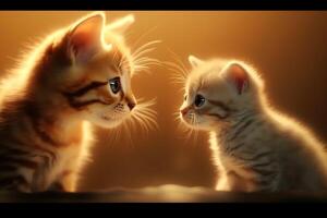 Two kittens looking at each other on a dark background photo