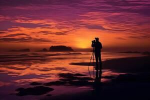 fotógrafo con cámara en el playa a puesta de sol ai generado foto