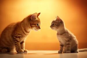 Two kittens on a yellow background, Studio shot, close-up ai generated photo