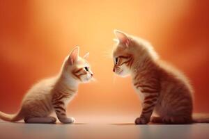 Two kittens looking at each other on orange background ai generated photo