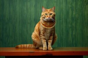 jengibre gato se sienta en un mesa en frente de un verde pared ai generado foto