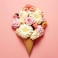 Ice cream cone with flowers on pink background ai generated photo
