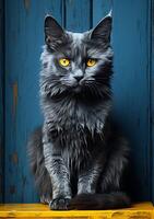 un gris gato con amarillo ojos en un de madera antecedentes ai generado foto