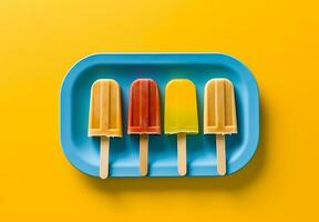 Colorful popsicles in blue plate on yellow background ai generated photo