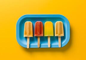 Colorful popsicles in blue plate on yellow background photo