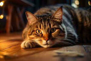 linda atigrado gato acostado en un de madera piso en un acogedor habitación ai generado foto