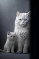 dos blanco gatitos de siberiano raza sentado siguiente a cada otro en un oscuro antecedentes ai generado foto