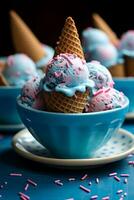 hielo crema cucharadas en azul cuenco con rosado y azul asperja ai generado foto
