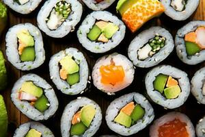 Close-up top view of ingredients sushi, Japanese food. AI Generated. photo