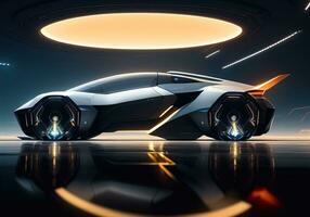 Futuristic black sports car in neon light. ai generative photo