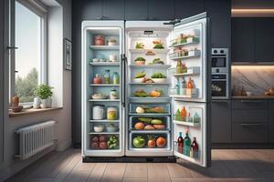 Open refrigerator with different products in the kitchen. photo