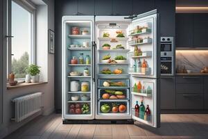 Open refrigerator with different products in the kitchen. generative ai photo