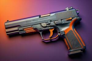 Semi-automatic handgun on a solid color background. Close-up. ai generative photo