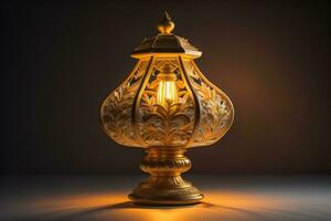 Lantern on a wooden table and a dark background. ai generative photo