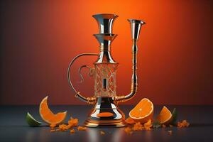 Arabic hookah with orange fruit on a dark background. generative ai photo