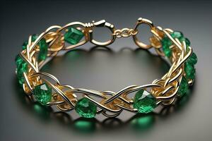 Jewelry Bracelet with precious stones on a gray background. Studio shot. ai generative photo
