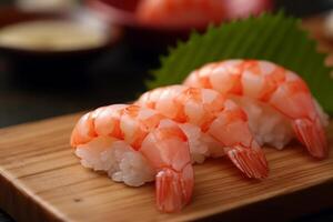 Sushi con camarón en el lámina, japonés alimento. ai generado., japonés alimento. ai generado. foto