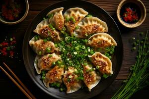 Close-up top view of ingredients Classic Gyoza Pork, Japanese food. AI Generated. photo