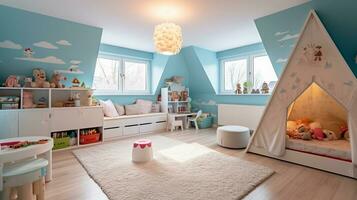 el para niños habitación de un hermosa brillante moderno estilo casa. ai generado. foto