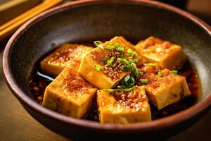 Close-up top view of ingredients Deep Fried Tofu, Japanese food. AI Generated. photo