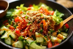 Close-up top view of ingredients Masu Salad, Japanese food. AI Generated. photo