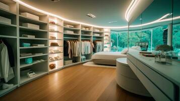 Walk-in Closet of a beautiful futuristic design. AI Generated. photo