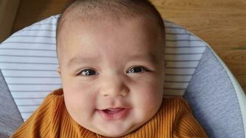 Close Up Shot of Cute Asian Pakistani 4 Months Old Baby Boy, Who is Enjoying at Home Garden at Luton City of England UK. Image Was Captured on July 23rd, 2023 video