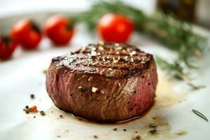 Close-up top view of ingredients Filet Mignon Steak on a table. AI Generated. photo