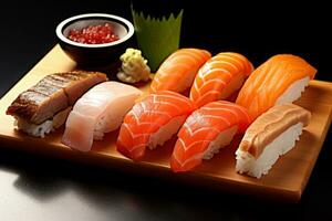 Sushi with salmon on the plate, Japanese food. AI Generated., Japanese food. AI Generated. photo