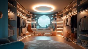 Walk-in Closet of a beautiful futuristic design. AI Generated. photo