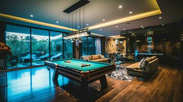 The Billiard room of a beautiful bright modern style house. AI Generated. photo