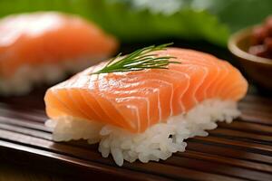 Sushi con salmón en el lámina, japonés alimento. ai generado., japonés alimento. ai generado. foto