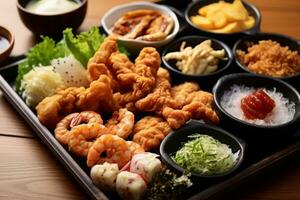 de cerca parte superior ver de ingredientes shirauo karaage, japonés alimento. ai generar. foto