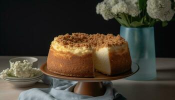 Whipped cream cheesecake slice on floral plate generated by AI photo