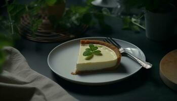 Sweet cheesecake slice with fresh fruit and mint generated by AI photo