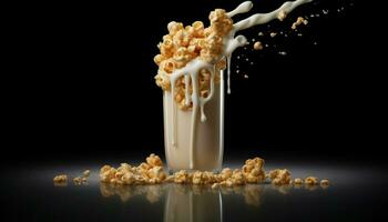 Dark chocolate milkshake pouring over almond bowl generated by AI photo