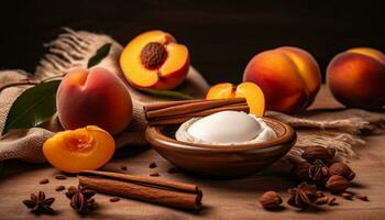 A rustic bowl of fresh organic apricots generated by AI photo