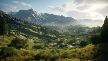Majestic mountain range, tranquil meadow, serene sunrise generated by AI photo