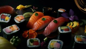 Fresh seafood plate sushi, sashimi, and maki rolls generated by AI photo