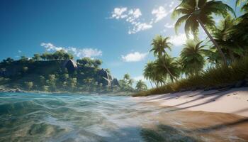 idílico palma árbol paraíso, navegar y relajación generado por ai foto