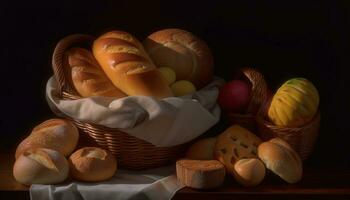 A still life of fresh baked French bread generated by AI photo