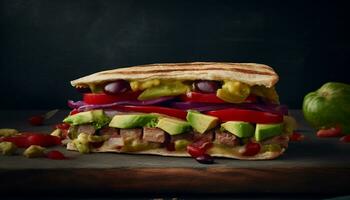 Grilled beef sandwich with fresh tomato and vegetables generated by AI photo
