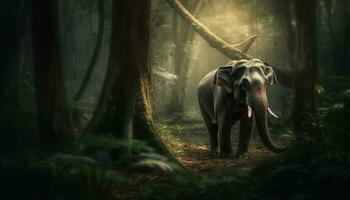 Elephant walking through tranquil green forest landscape generated by AI photo